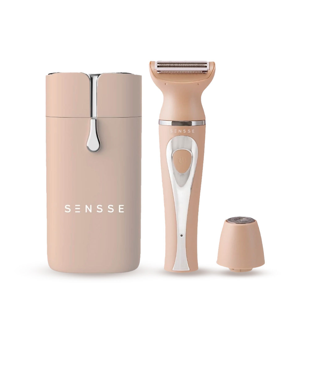 A collection of hair removal tools in a neutral beige colour.