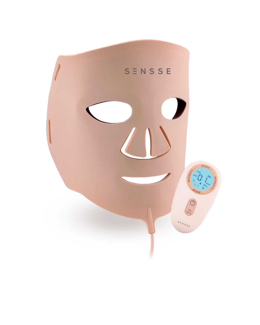 Silicone LED face mask with small white controller.