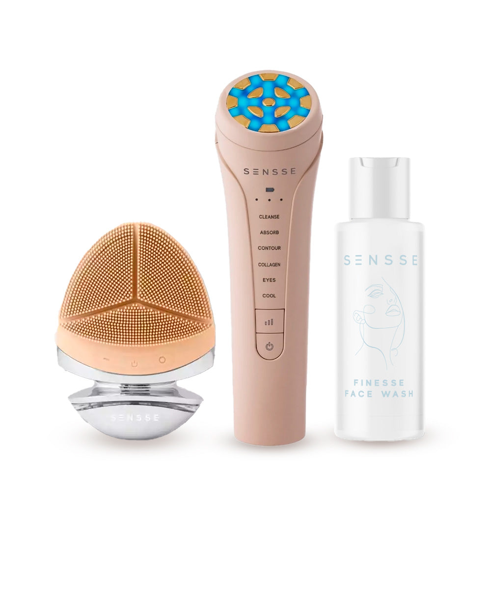 A collection of skin care products, including an LED wand and facial cleanser.